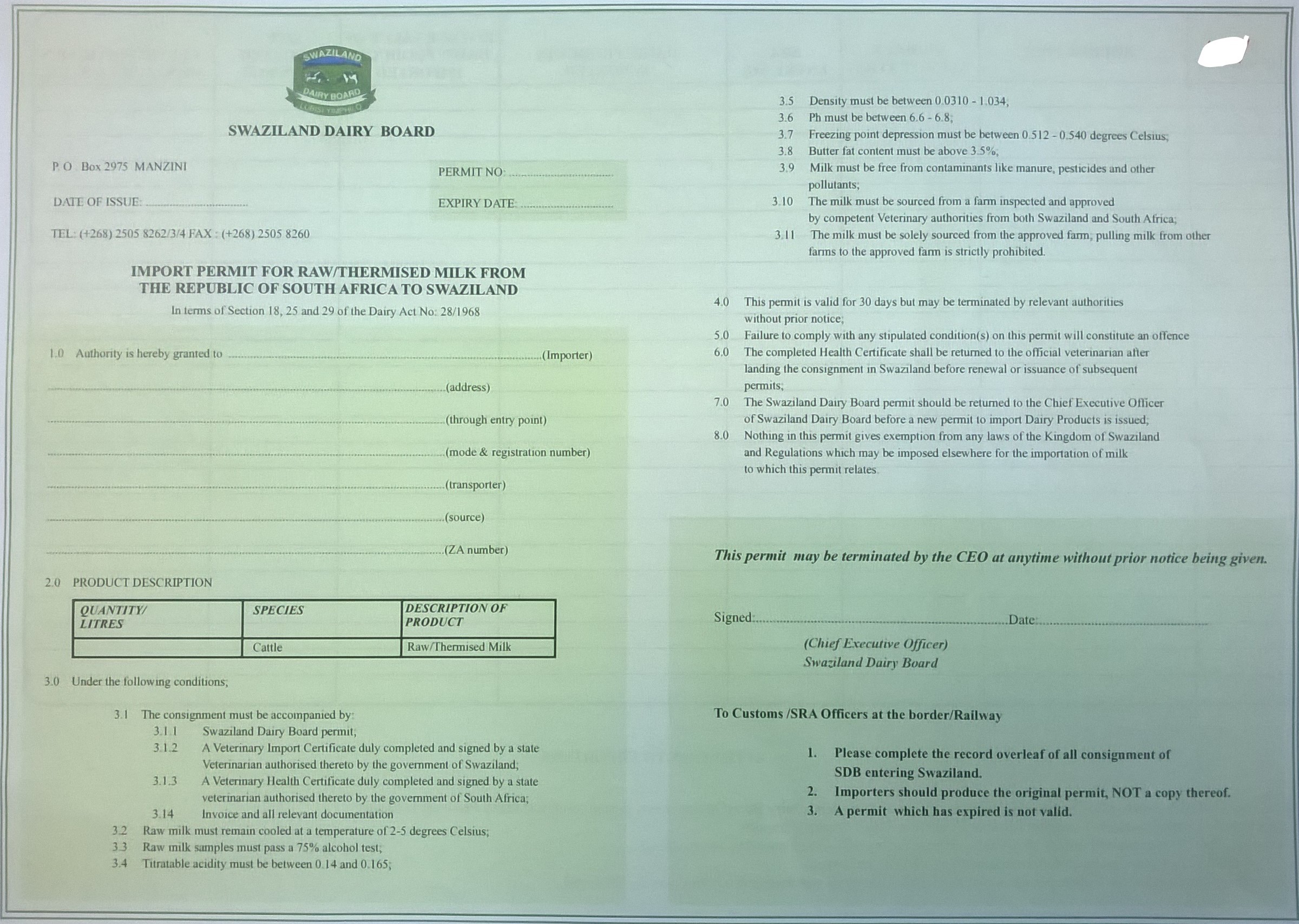 Permit to Import Raw/Thernised milk from the Republic of South Africa